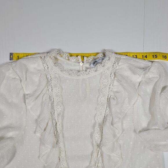 Zara Women’s M White Sheer Polka Dot Lace Ruffle Long Sleeve Blouse Boho Cottage - Picture 5 of 11